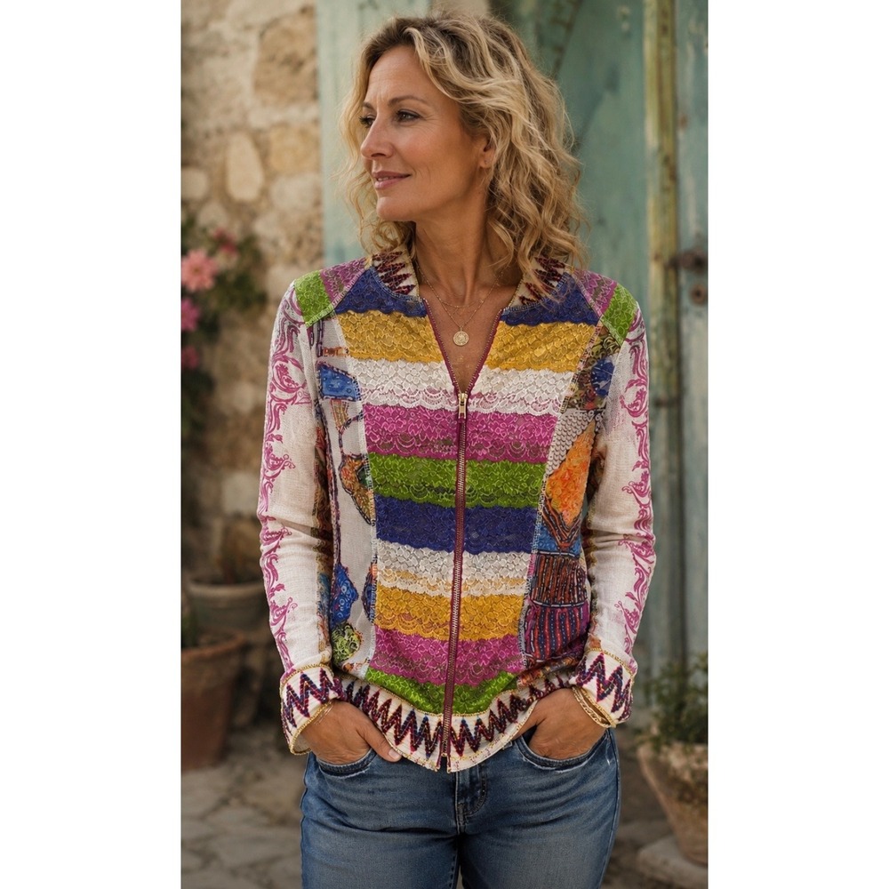 Vintage Lulu-H Womens Multi Color Patchwork Zip Up Top Paris France Bohemian S